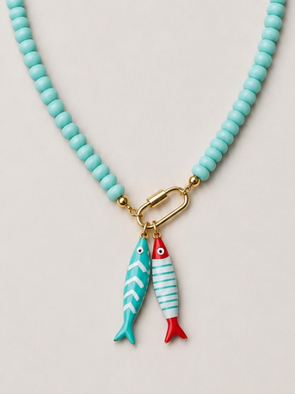 New! Cyan Mint Beaded Fish Sardine Carabiner Necklace NWOT